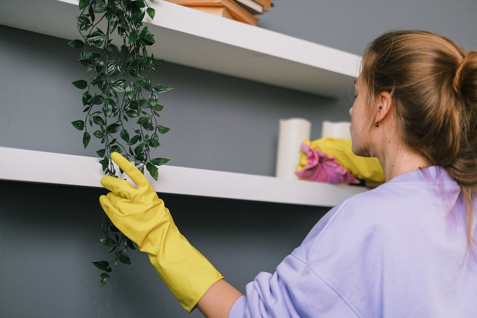 A woman wearing yellow cleaning gloves is carefully dusting a hanging green plant on a white shelf mounted on a grey wall in a residential or commercial interior space. The shelf, illuminated by ambient lighting, also holds a stack of books and some towels. The woman's light brown hair is tied back, and she is dressed in a light purple top. The surface of the shelf appears clean and well-maintained, emphasizing surface cleaning and hygiene. The setting suggests a focus on thorough domestic or office sanitisation, as promoted by Cleaners W3, in line with avoiding hidden cleaning charges in Acton bookings.